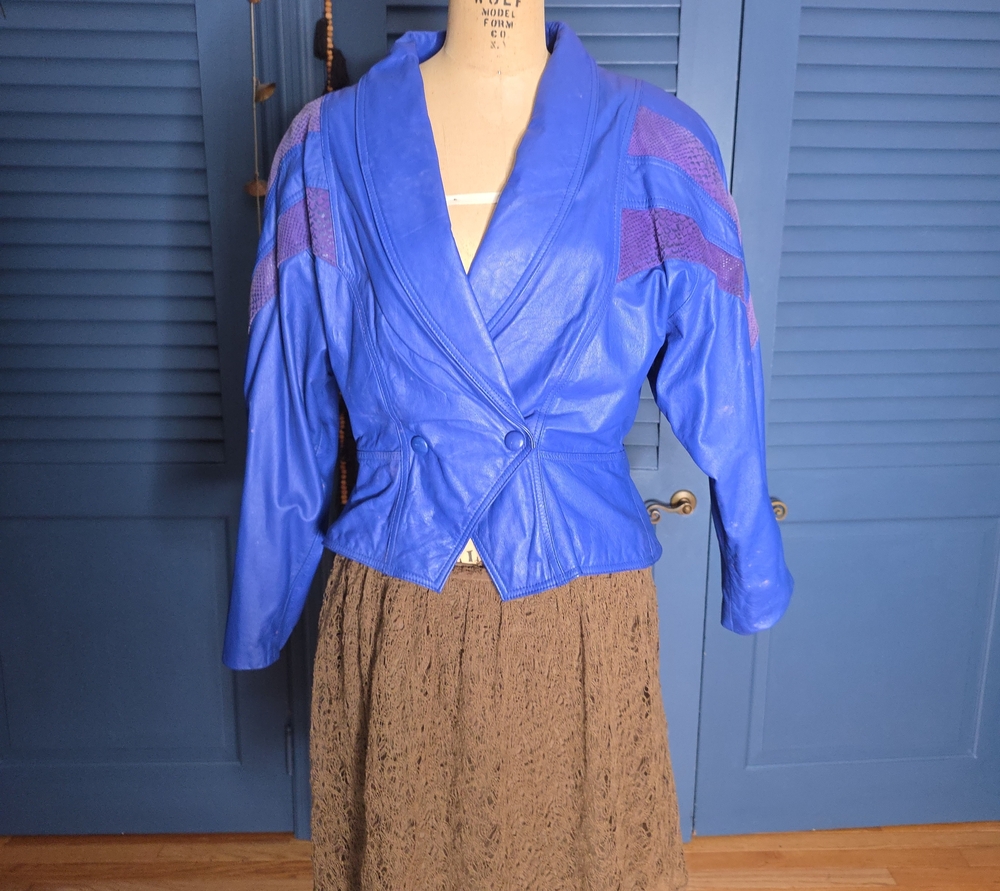 Vintage 80s CHIA Electric Blue Leather Jacket - Size L
